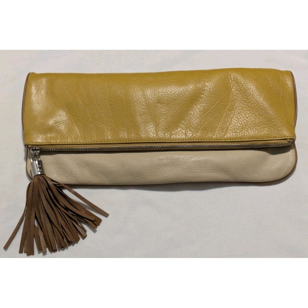 Audrey Brooke Leather Gold & Brown Fold Over Snap Clutch With Tassels EUC